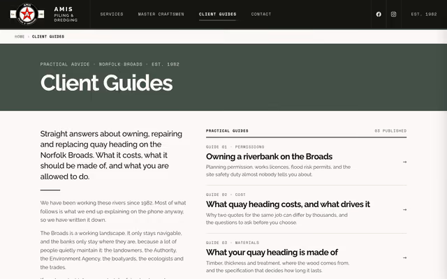 The Amis Piling client guides page on a laptop, 13 October 2026
