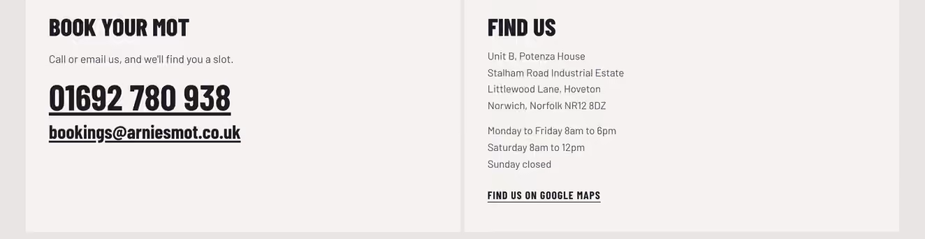 The book and find us section of the Arnie's MOT Centre website, 13 October 2026