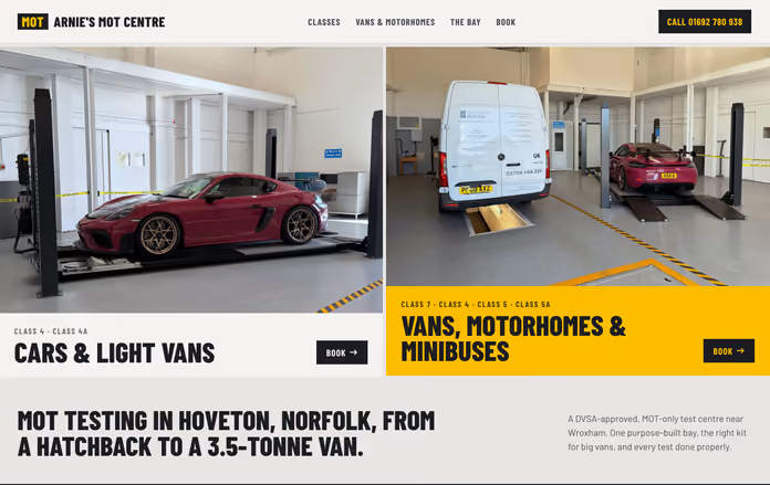 The Arnie's MOT Centre homepage on a laptop, 13 October 2026