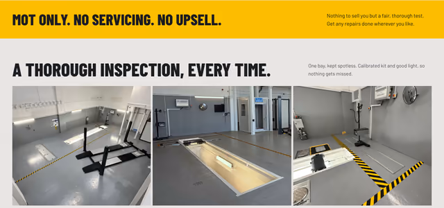The inspection section of the Arnie's MOT Centre website, 13 October 2026