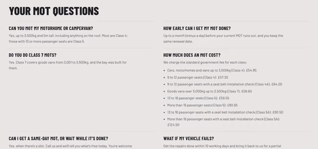 The questions section of the Arnie's MOT Centre website, 13 October 2026